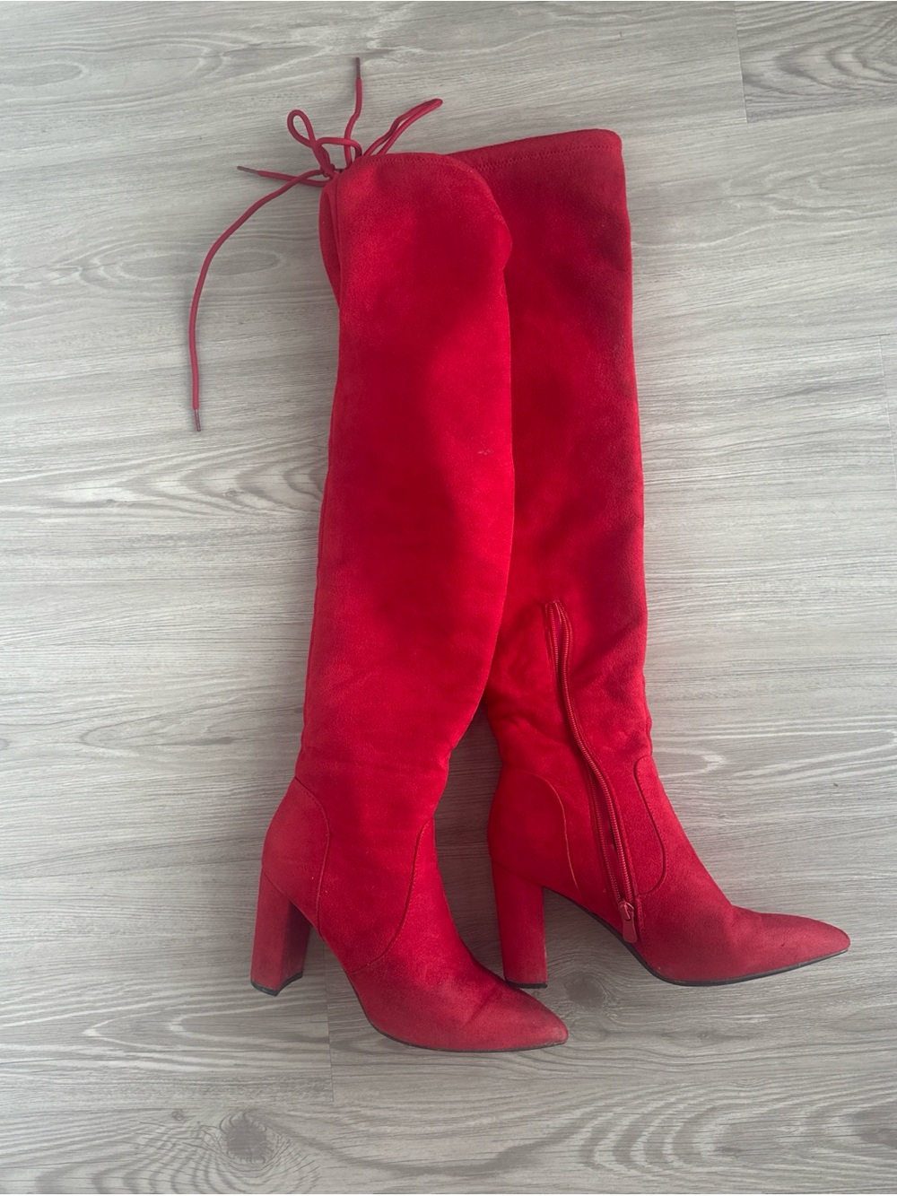 Red Over-the-Knee Suede Heeled Boots